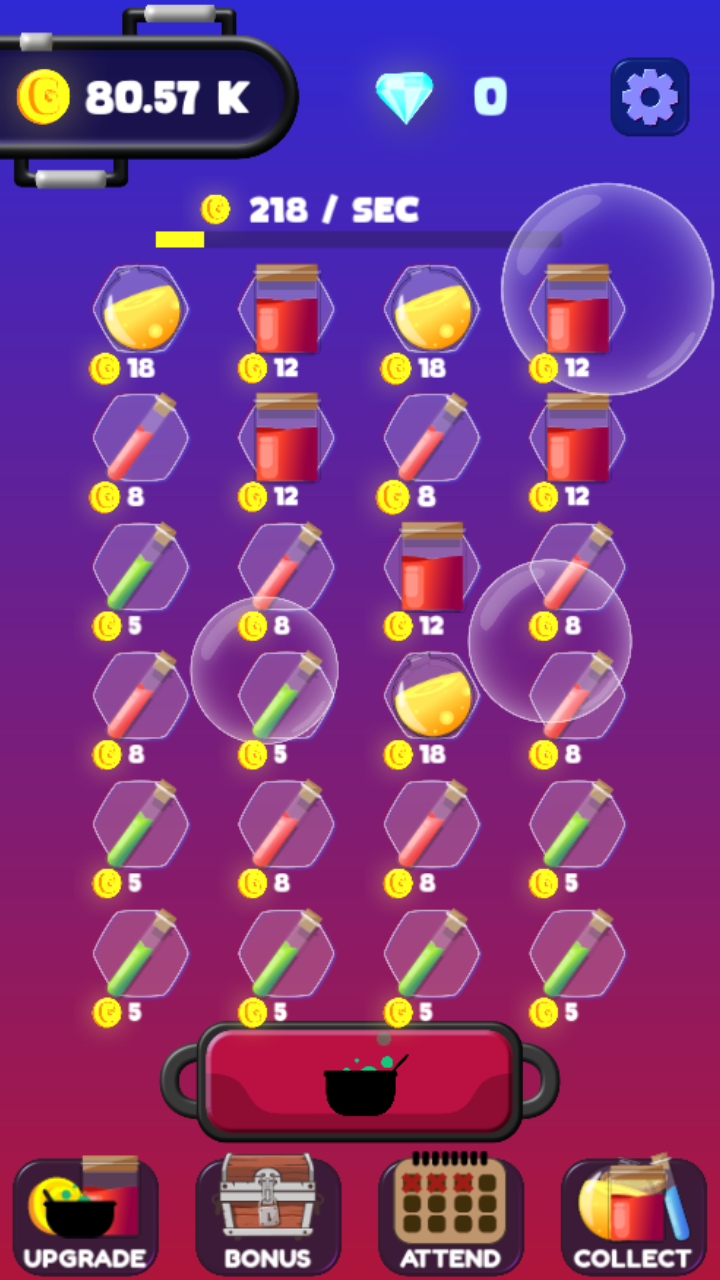 A full Merge Potion board earning 218 gold per second