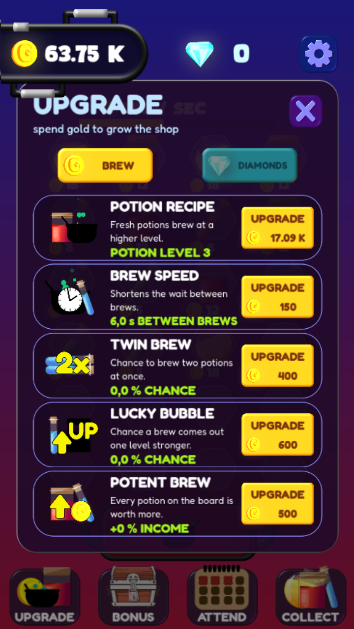The upgrade menu