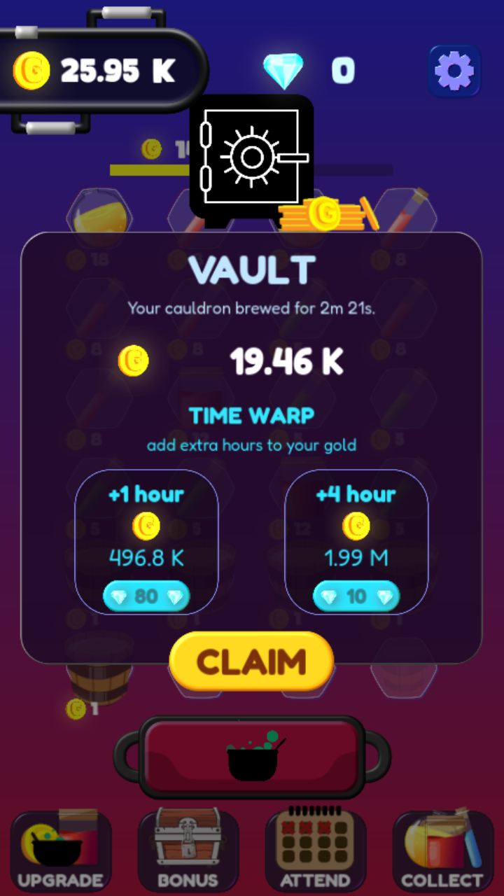 The Vault screen showing offline earnings and Time Warp